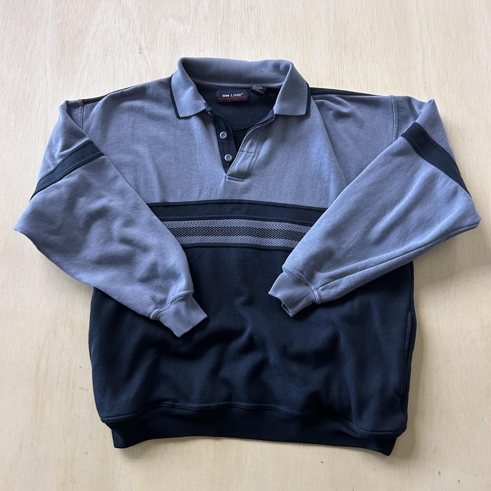 Vintage ON LINE Polo Shirt Mens Large Blue Colorblock Long Sleeve Knit Casual